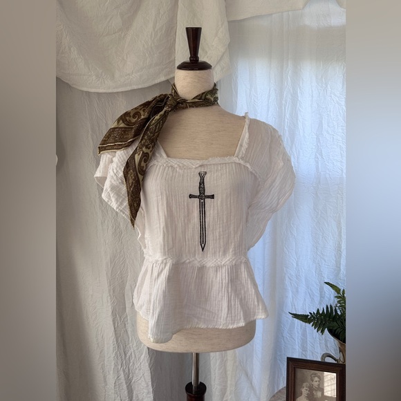 OOAK Lady Epi Shoppe Custom Hand Block Printed Knightcore Sword Blouse - Picture 5 of 5